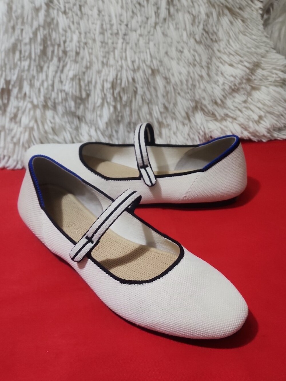 Rothy's The Square  Cream Mary Jane Flats with Black Trim and Blue Edge - Picture 4 of 11